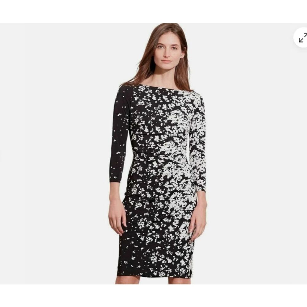 Lauren Ralph Lauren Women's Floral Jersey Sheath Dress Black White Size 14